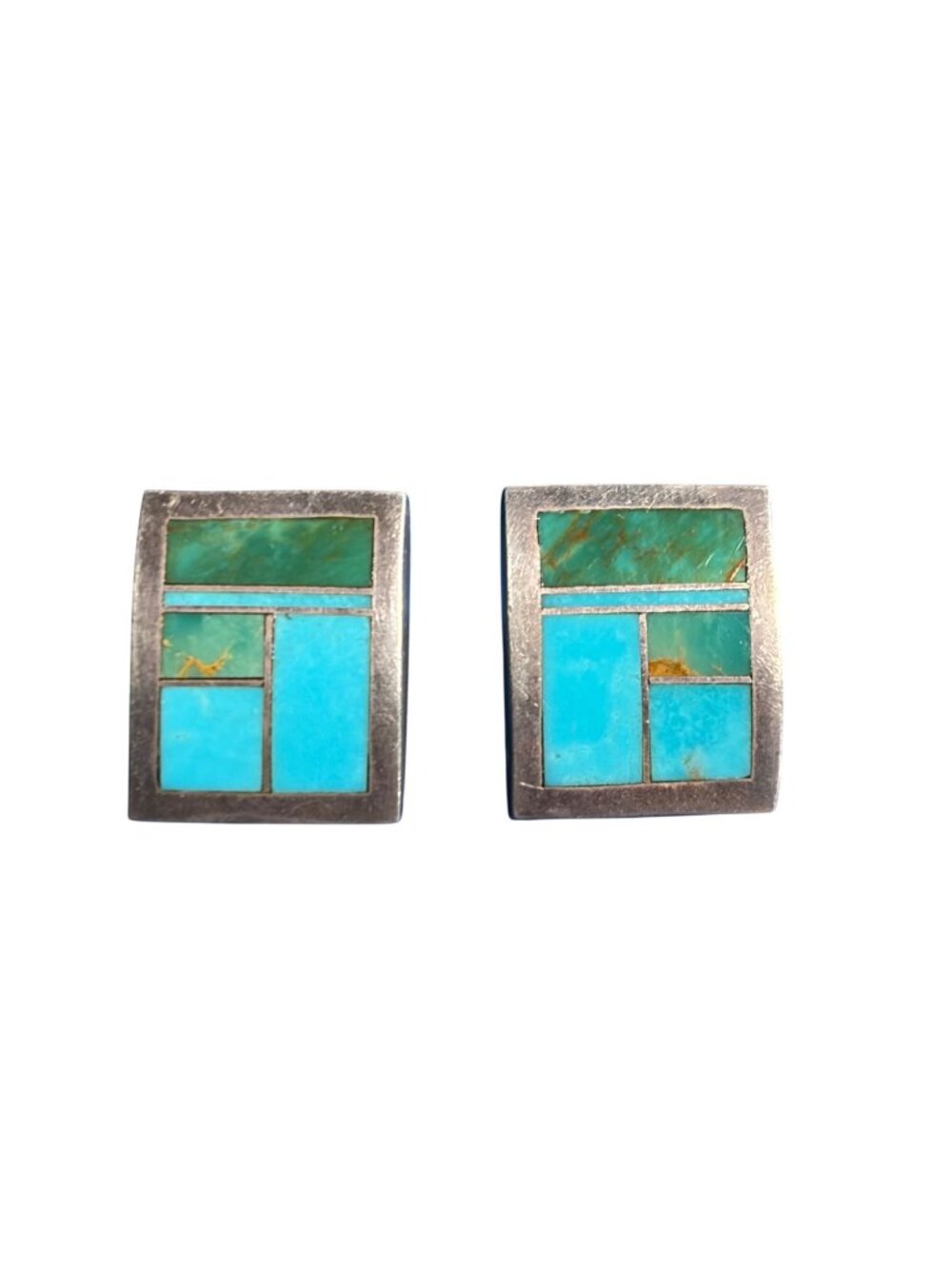 Vintage Supersmith Navajo Turquoise Inlay 925 Sterling Silver Post Earrings 7.2g